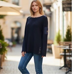 Ralph Lauren Navy Nautical Ribbed Cotton Sweater Lace Up Sides Logo Size M